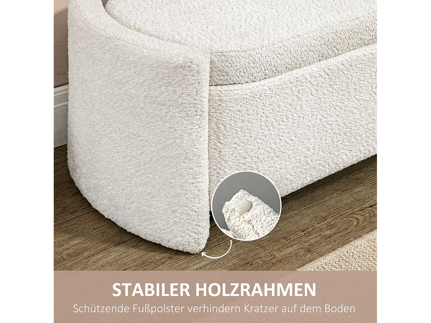 Banc de rangement avec coussin, velours, structure en bois, crème (105x44x45.5cm)