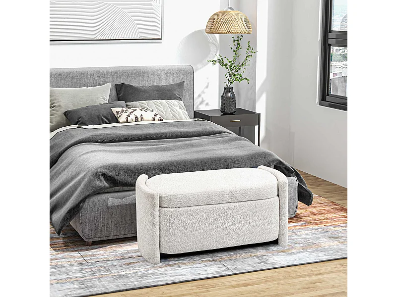 Banc de rangement avec coussin, velours, structure en bois, crème (105x44x45.5cm)