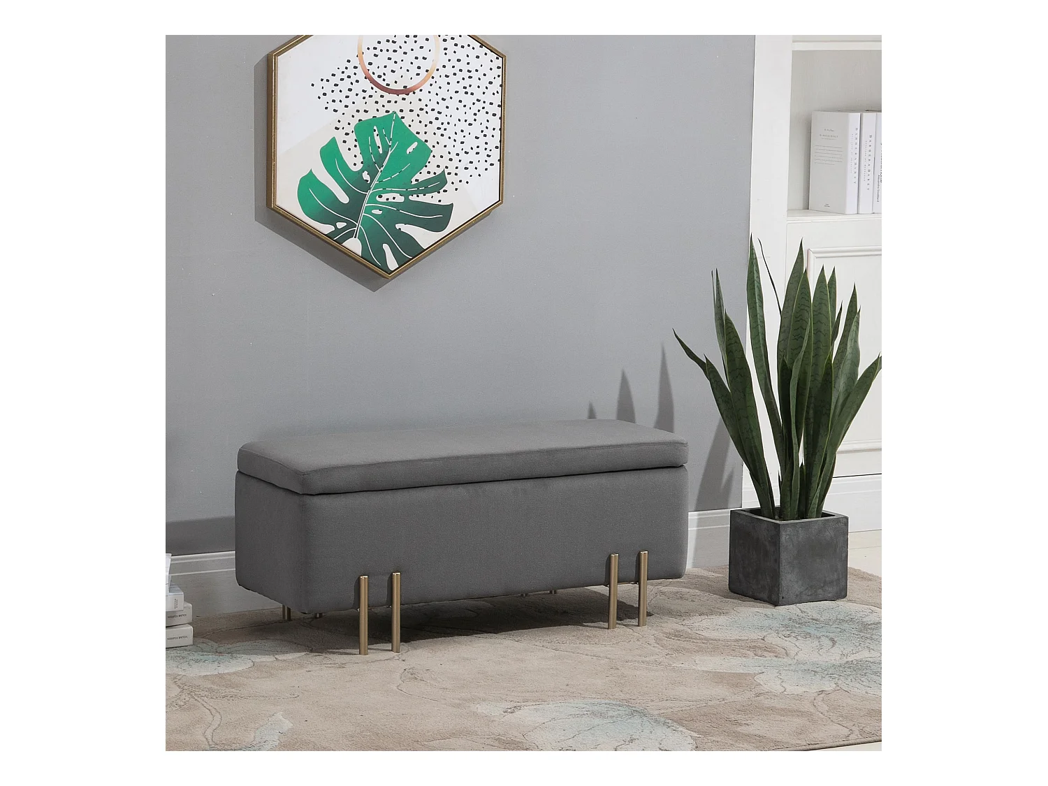 Banc de rangement rembourré, structure bois et métal, tissu polyester, gris foncé (100x40x42 cm)