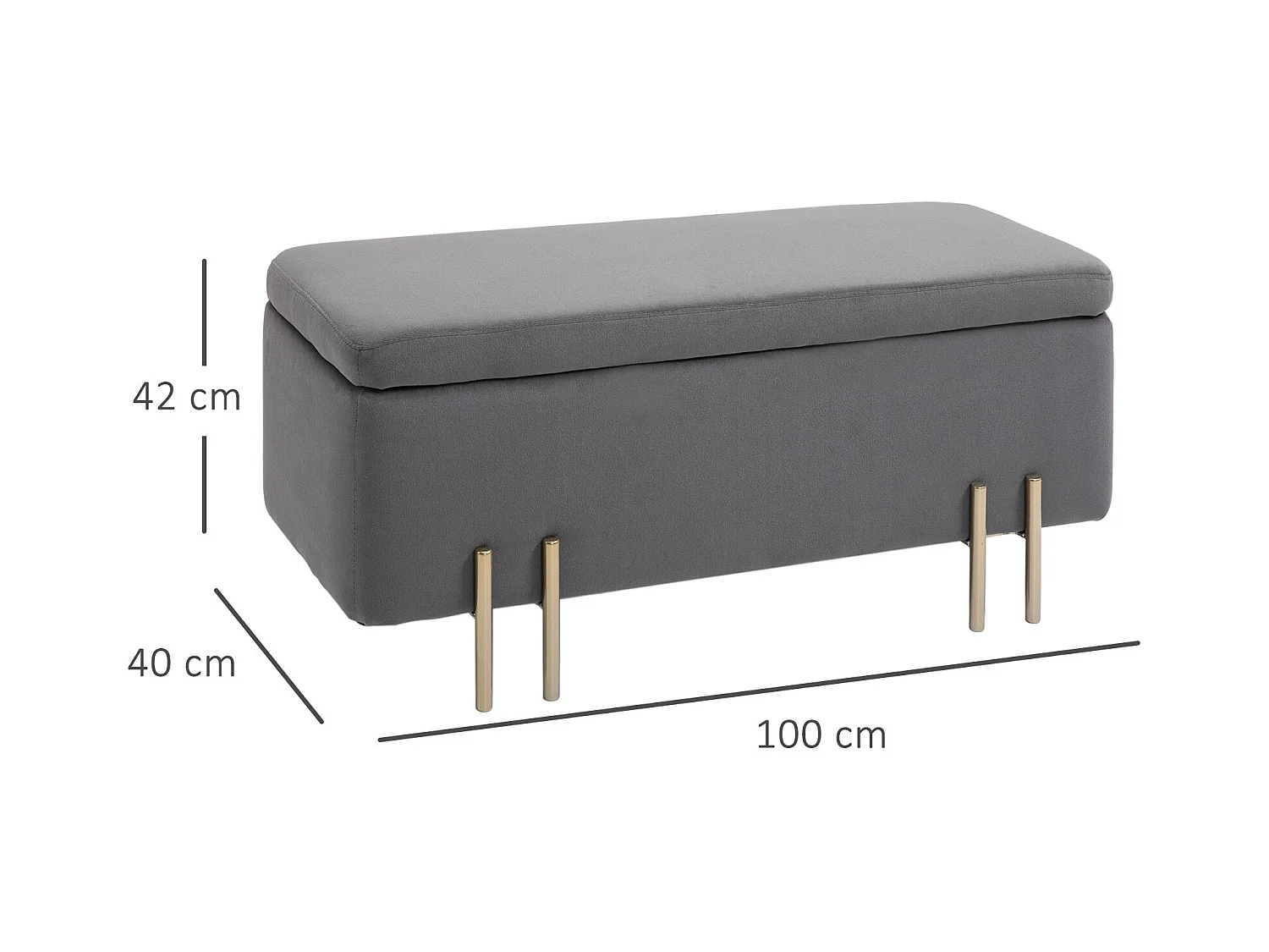 Banc de rangement rembourré, structure bois et métal, tissu polyester, gris foncé (100x40x42 cm)