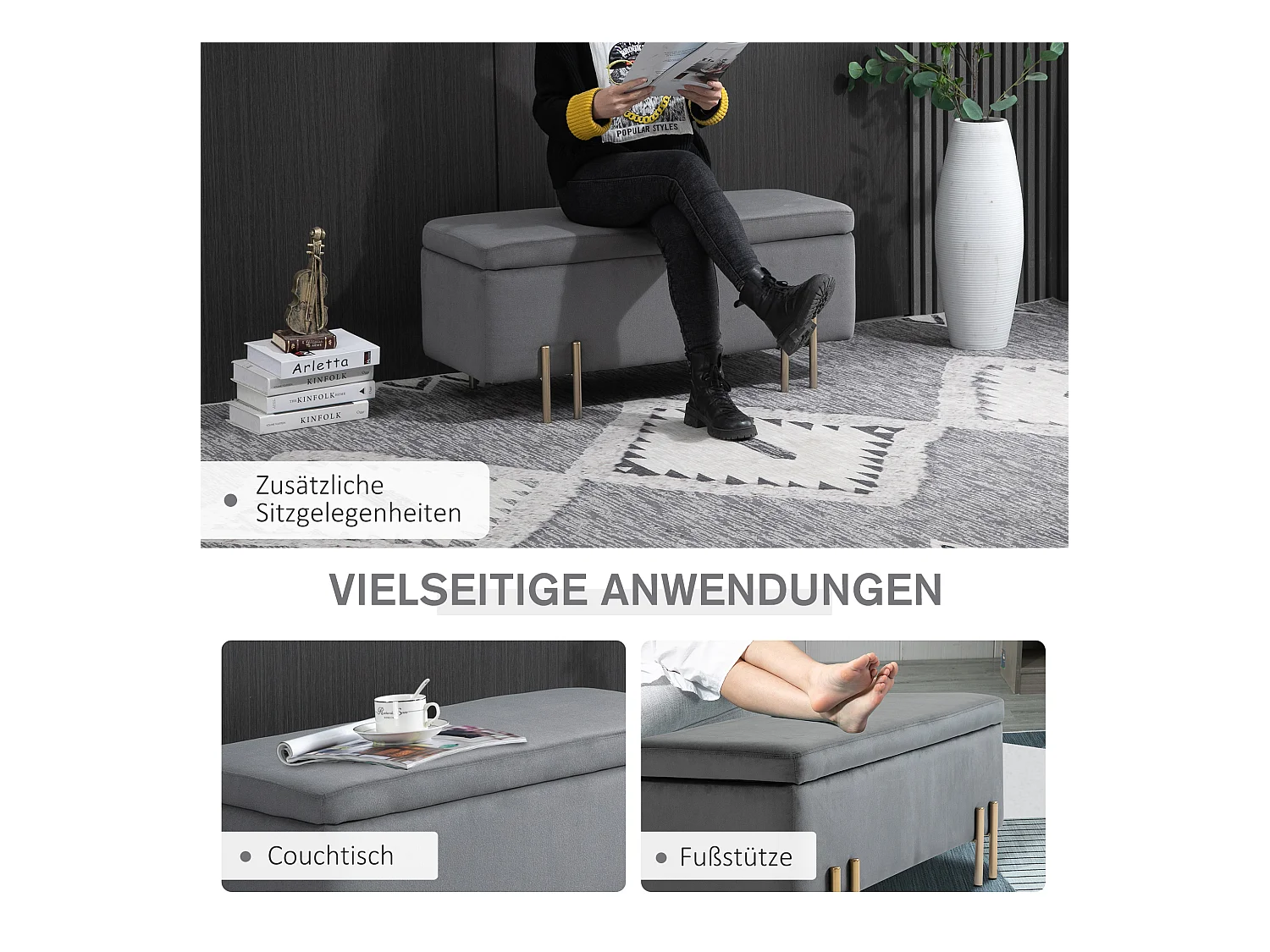 Banc de rangement rembourré, structure bois et métal, tissu polyester, gris foncé (100x40x42 cm)