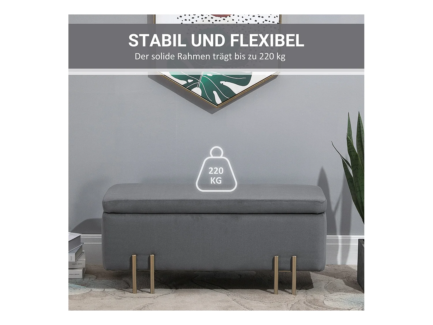 Banc de rangement rembourré, structure bois et métal, tissu polyester, gris foncé (100x40x42 cm)