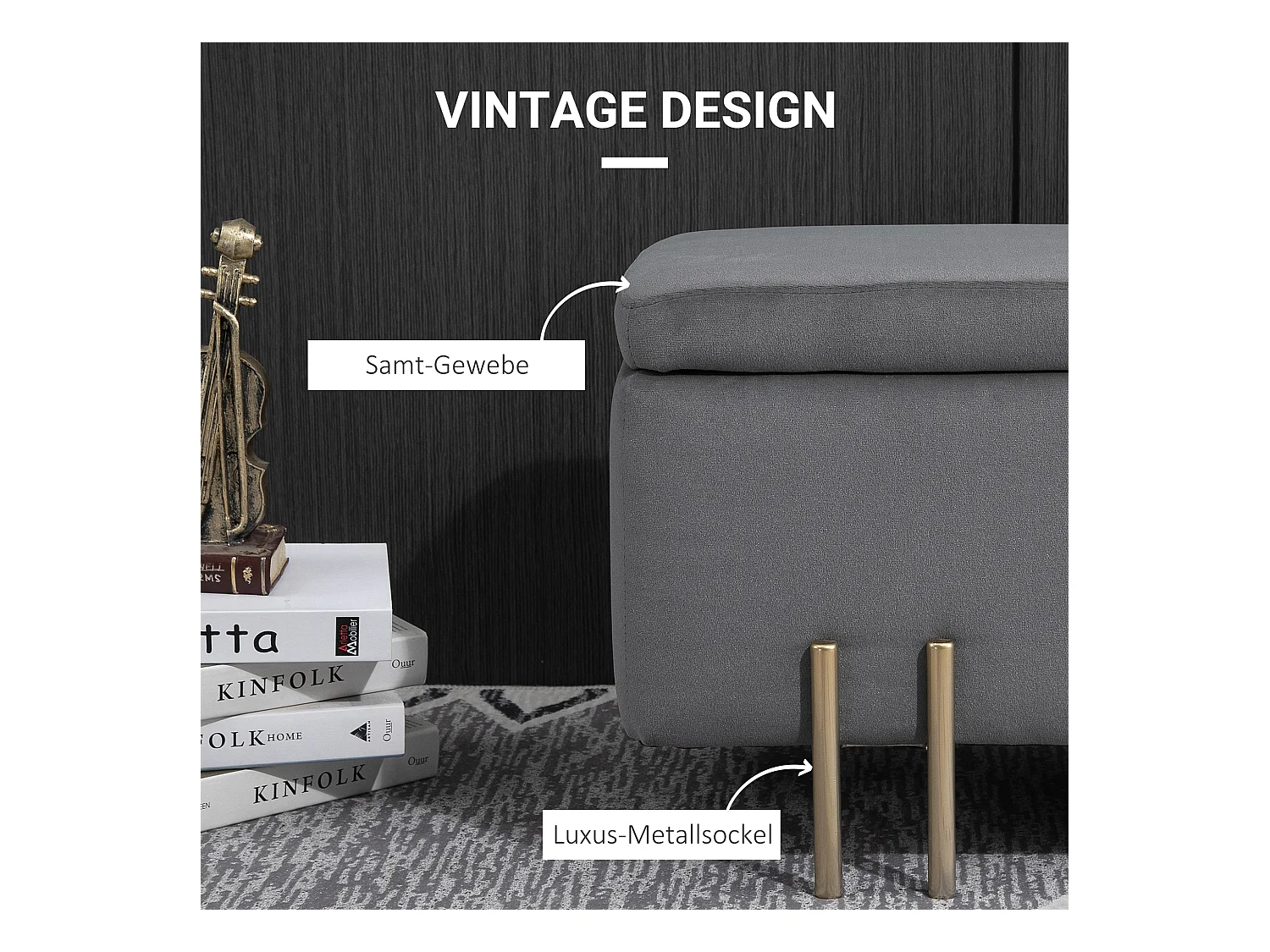 Banc de rangement rembourré, structure bois et métal, tissu polyester, gris foncé (100x40x42 cm)