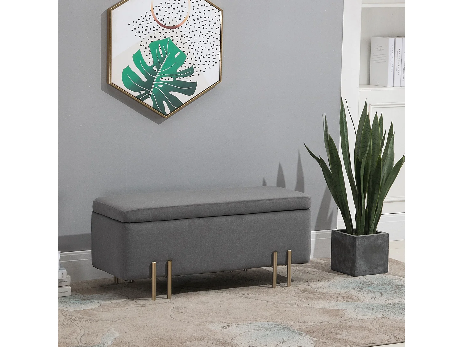 Gestoffeerde opbergbank, frame van hout en metaal, polyesterstof, donkergrijs (100x40x42 cm)