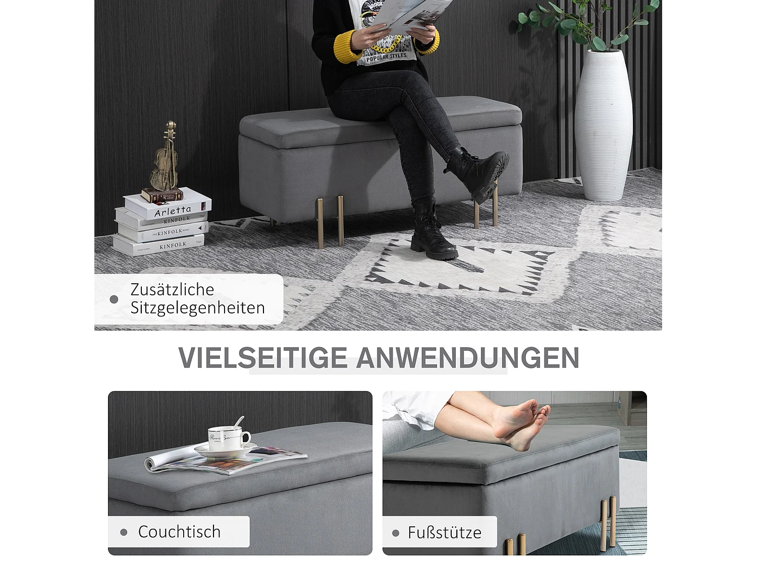 Gestoffeerde opbergbank, frame van hout en metaal, polyesterstof, donkergrijs (100x40x42 cm)