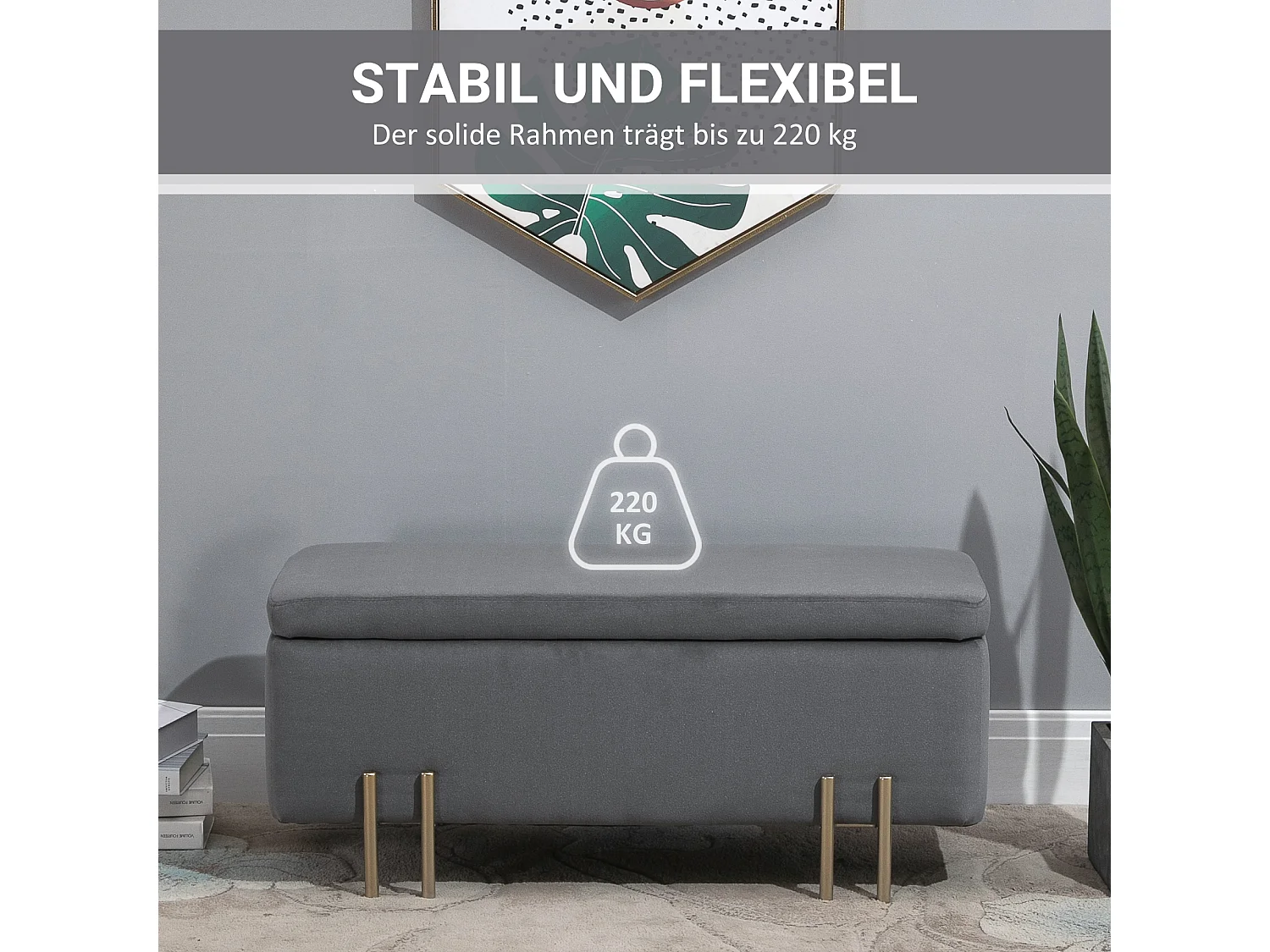 Gestoffeerde opbergbank, frame van hout en metaal, polyesterstof, donkergrijs (100x40x42 cm)