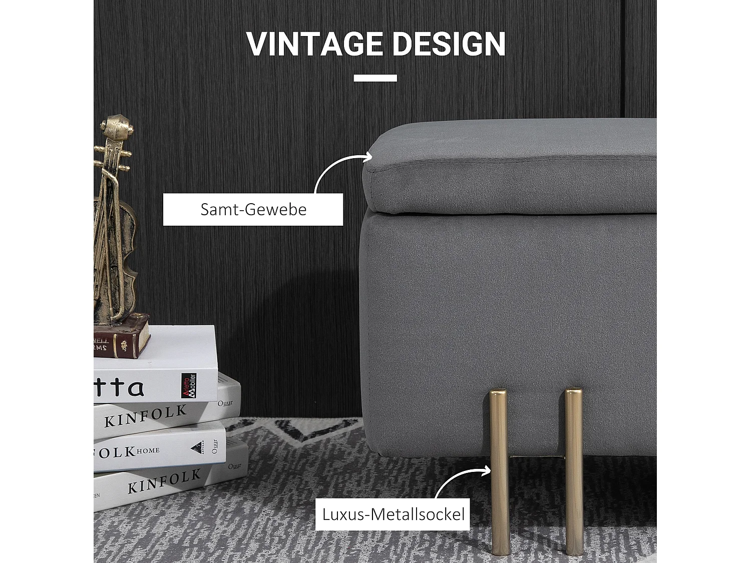 Gestoffeerde opbergbank, frame van hout en metaal, polyesterstof, donkergrijs (100x40x42 cm)