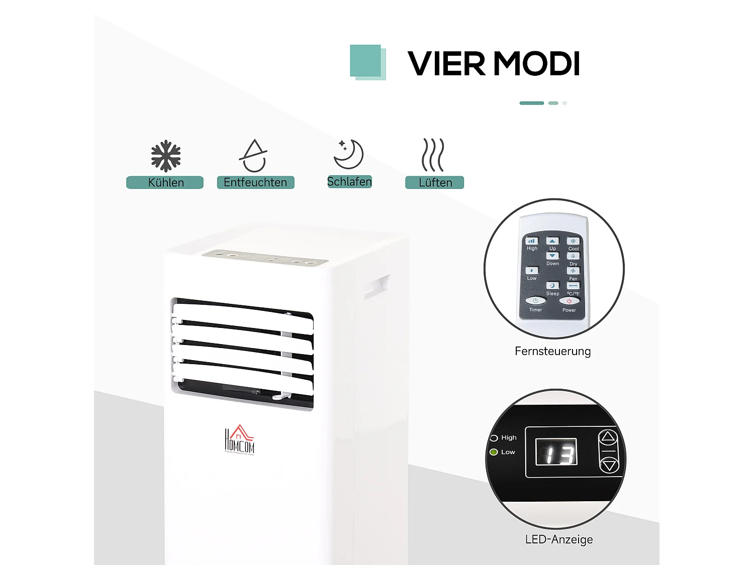 Climatiseur mobile 21 kW 3 en 1 avec télécommande, 24h minuterie, 2 vitesses, refroidissement, déshumidification et ventilation, blanc (30.5x32.8x67.8cm)