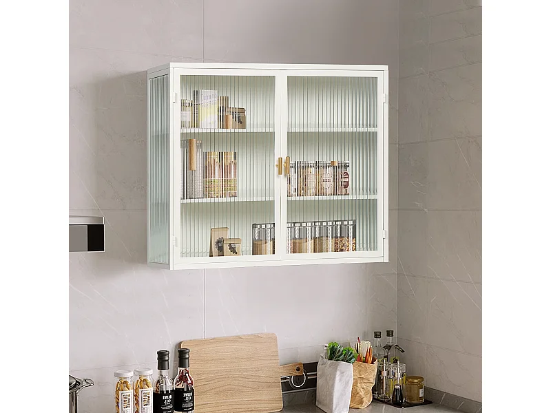 Wandkast met glazen deuren, 2 deuren, 3 opbergniveaus, metaal en glas, antiekwit (70x23,01x59,99 cm)