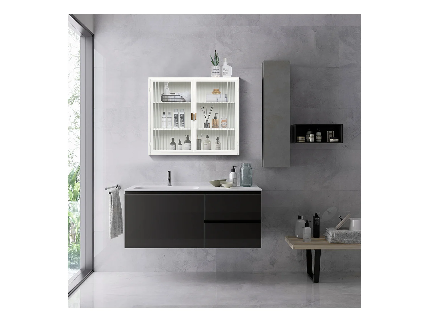 Wandkast met glazen deuren, 2 deuren, 3 opbergniveaus, metaal en glas, antiekwit (70x23,01x59,99 cm)