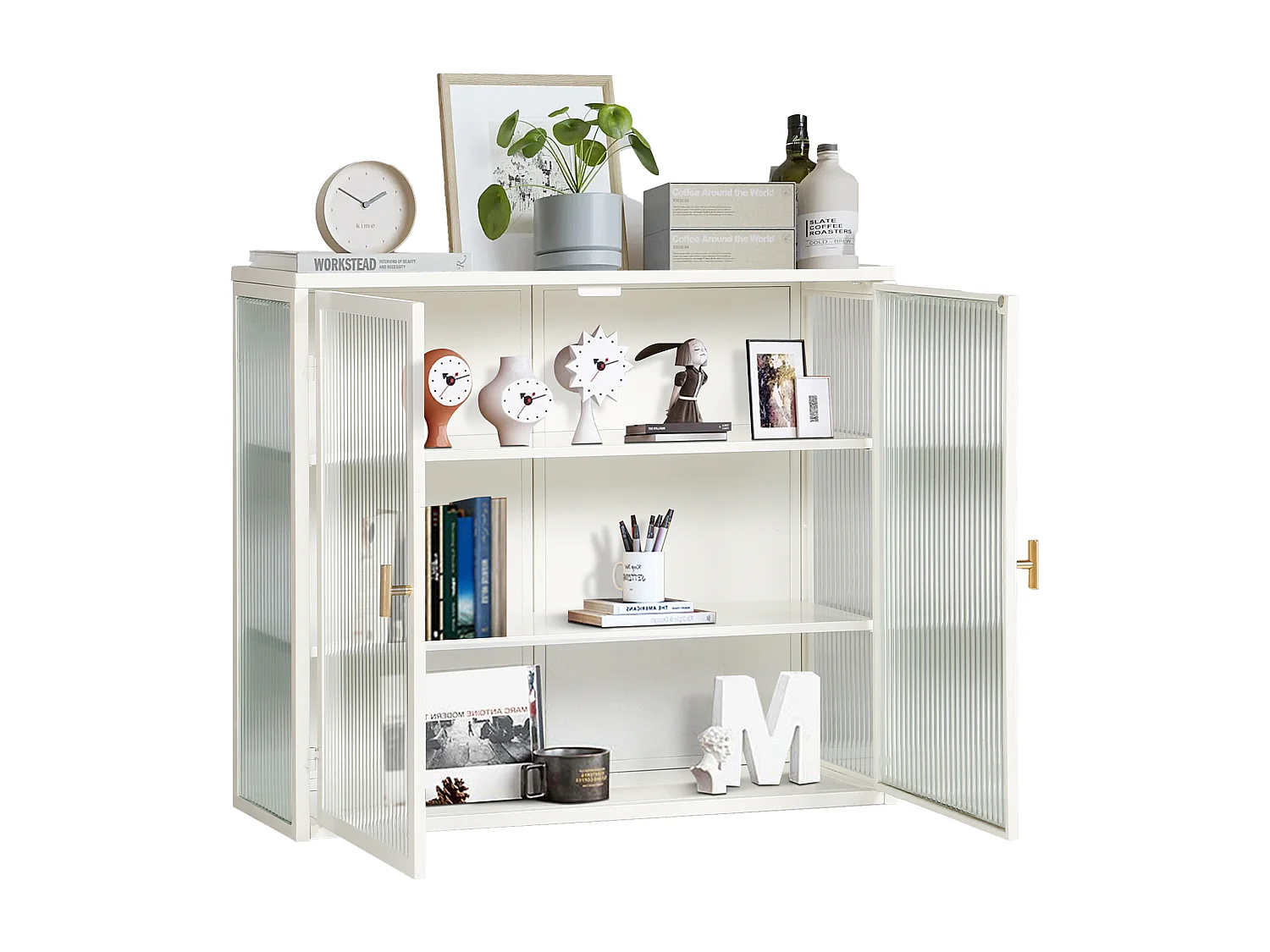 Wandkast met glazen deuren, 2 deuren, 3 opbergniveaus, metaal en glas, antiekwit (70x23,01x59,99 cm)