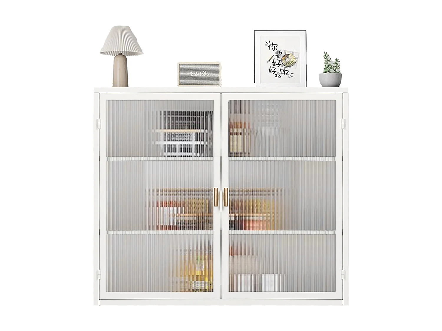 Wandkast met glazen deuren, 2 deuren, 3 opbergniveaus, metaal en glas, antiekwit (70x23,01x59,99 cm)