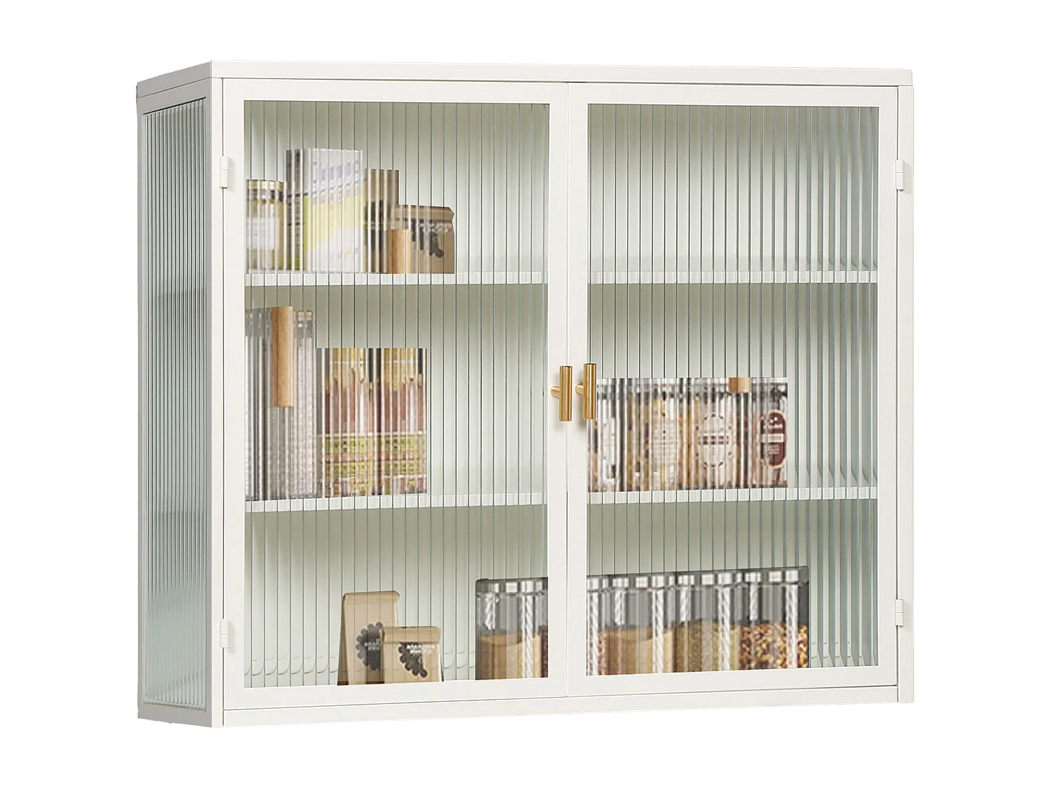 Cabinet mural à portes en verre, 2 portes, 3 niveaux de rangement, métal et verre, blanc antique (70x23.01x59.99 cm)