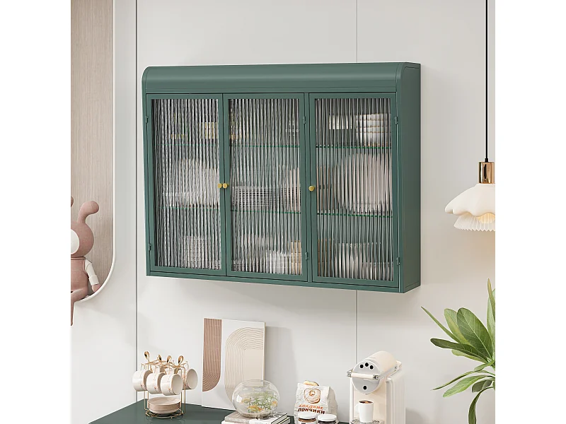 3-deurs wandkast, gebogen design, glazen front met metalen frame, voor keuken, woonkamer en badkamer, donkergroen (90x20x70 cm)