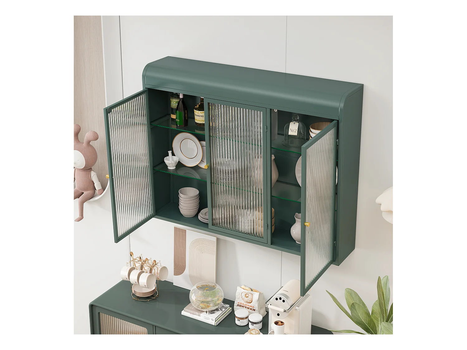 3-deurs wandkast, gebogen design, glazen front met metalen frame, voor keuken, woonkamer en badkamer, donkergroen (90x20x70 cm)