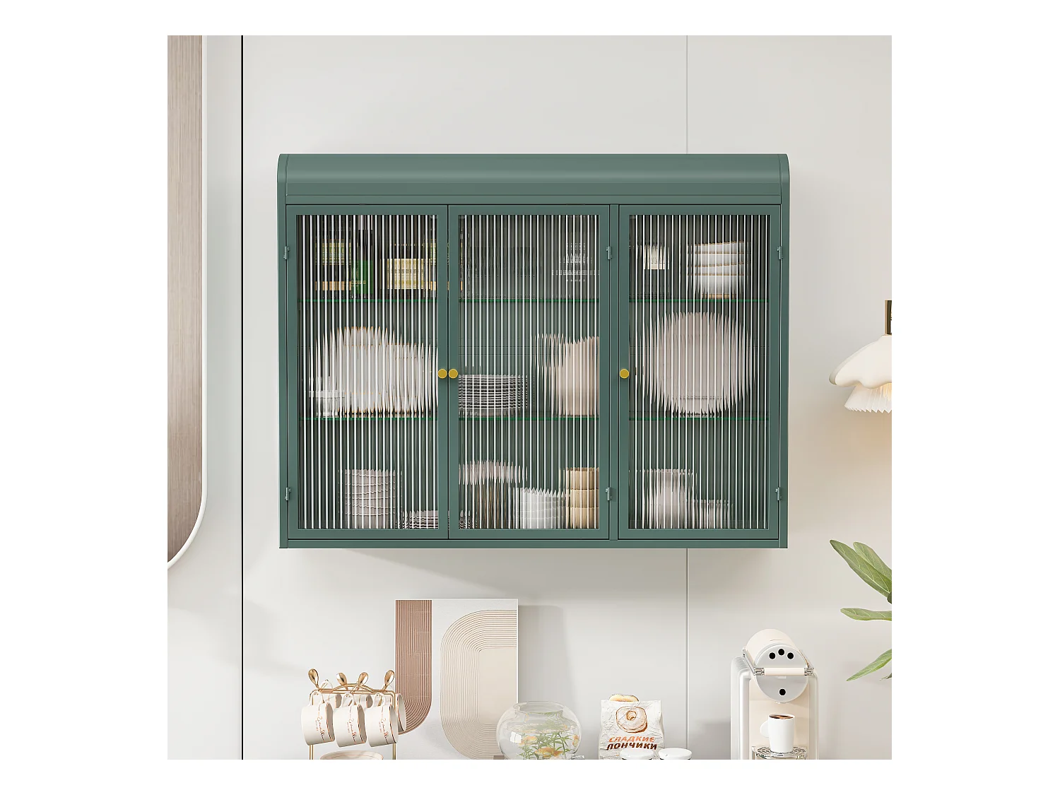 3-deurs wandkast, gebogen design, glazen front met metalen frame, voor keuken, woonkamer en badkamer, donkergroen (90x20x70 cm)
