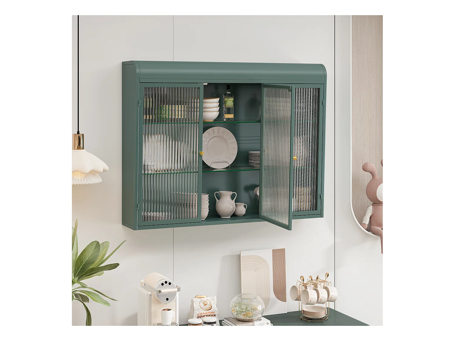 3-deurs wandkast, gebogen design, glazen front met metalen frame, voor keuken, woonkamer en badkamer, donkergroen (90x20x70 cm)