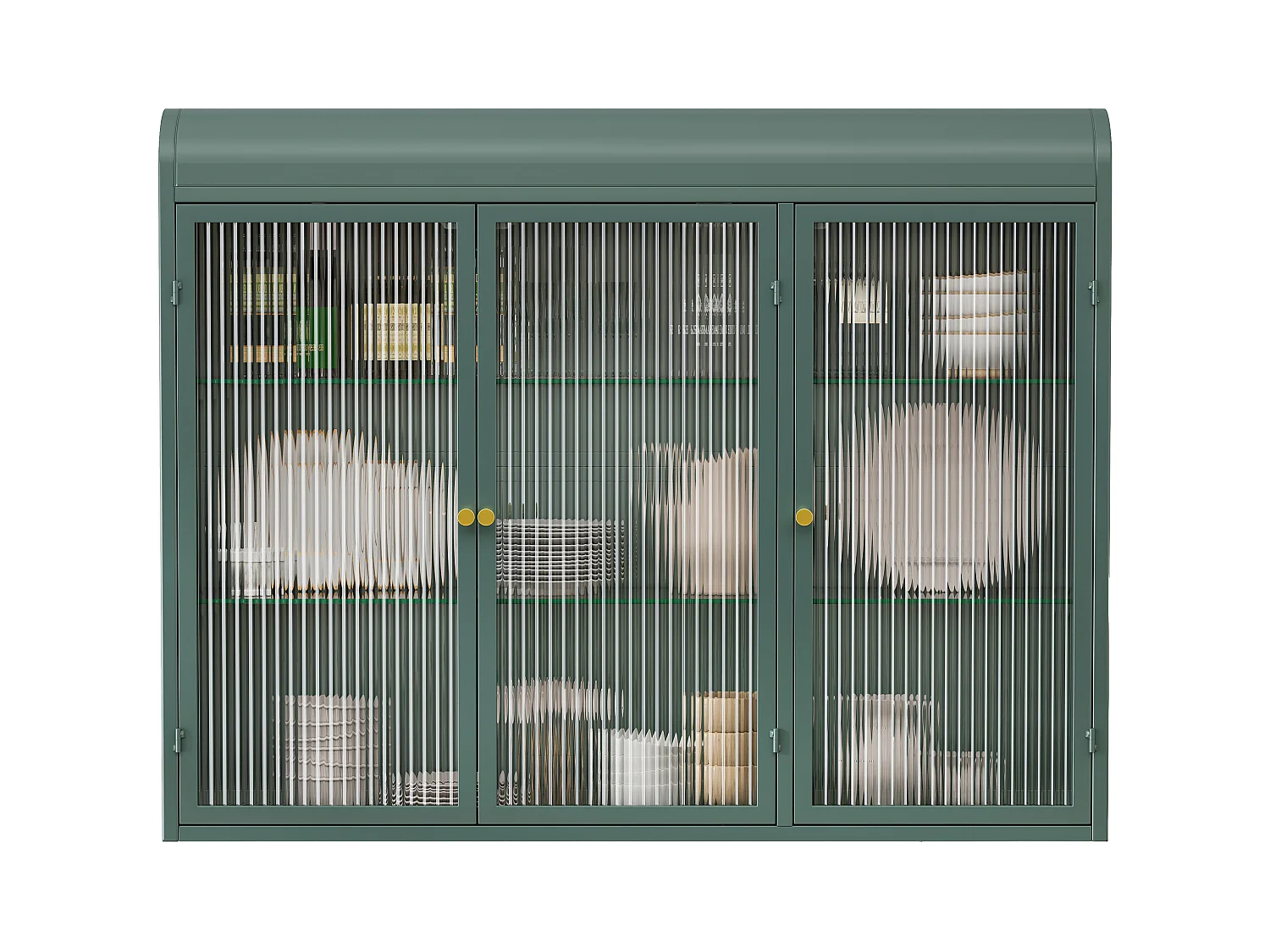 3-deurs wandkast, gebogen design, glazen front met metalen frame, voor keuken, woonkamer en badkamer, donkergroen (90x20x70 cm)