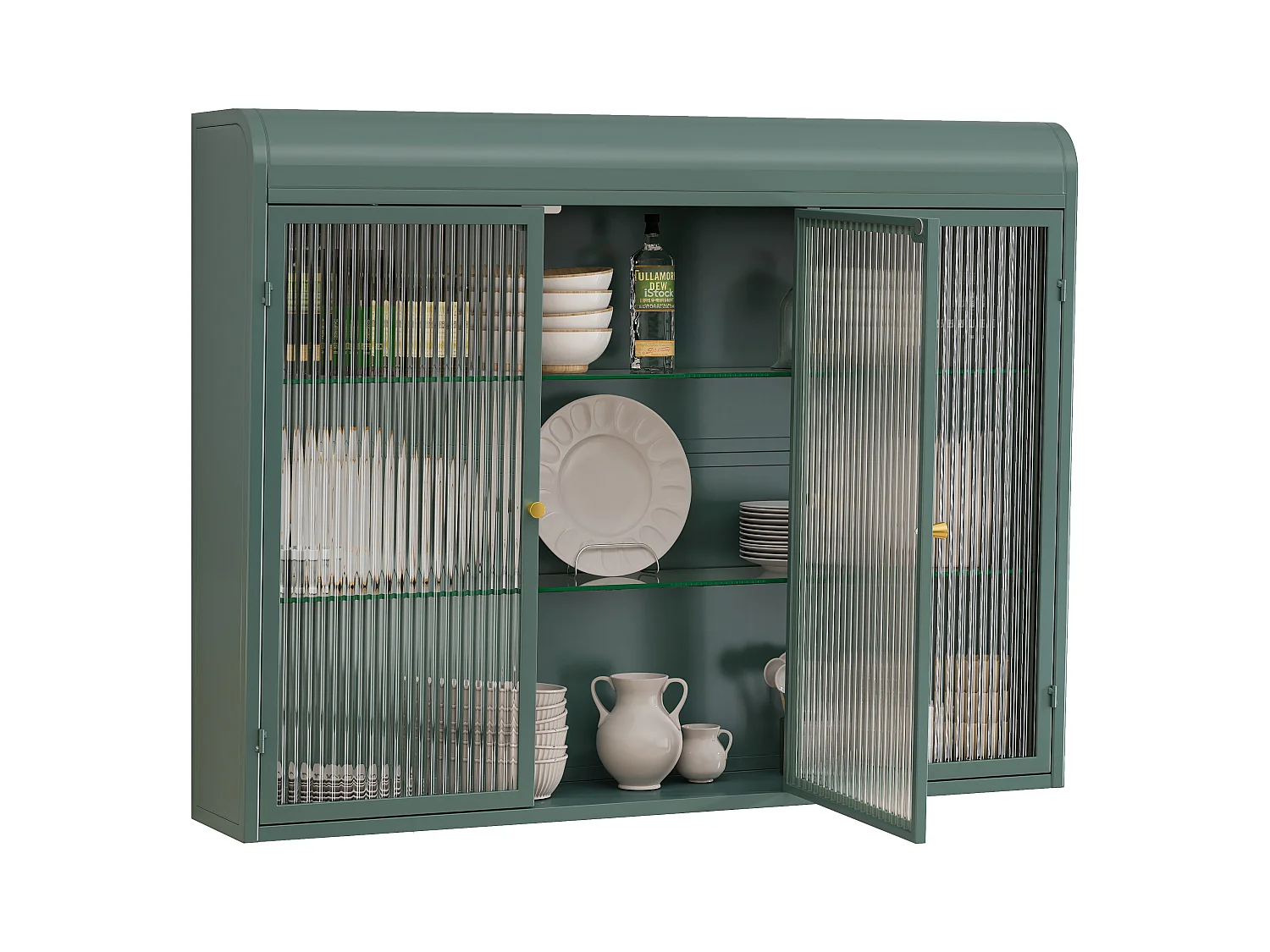 3-deurs wandkast, gebogen design, glazen front met metalen frame, voor keuken, woonkamer en badkamer, donkergroen (90x20x70 cm)