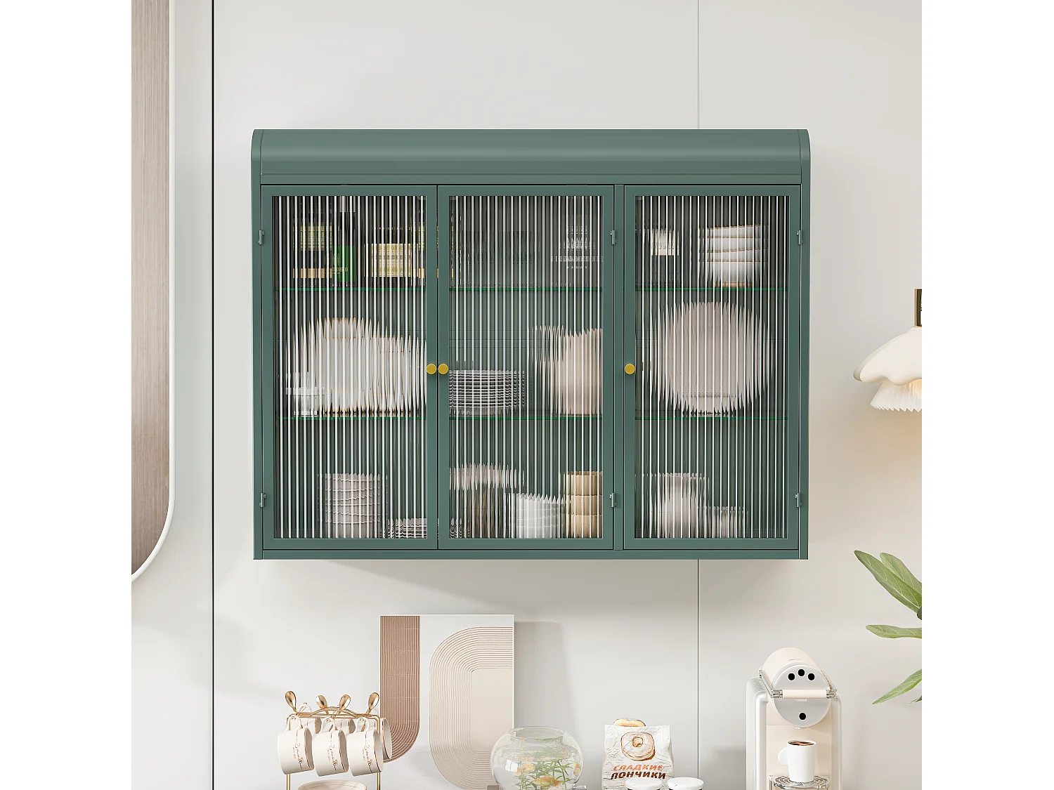 Armoire murale à 3 portes, design arqué, vitrée avec cadre métallique, pour cuisine, salon et salle de bain, vert foncé (90x20x70 cm)