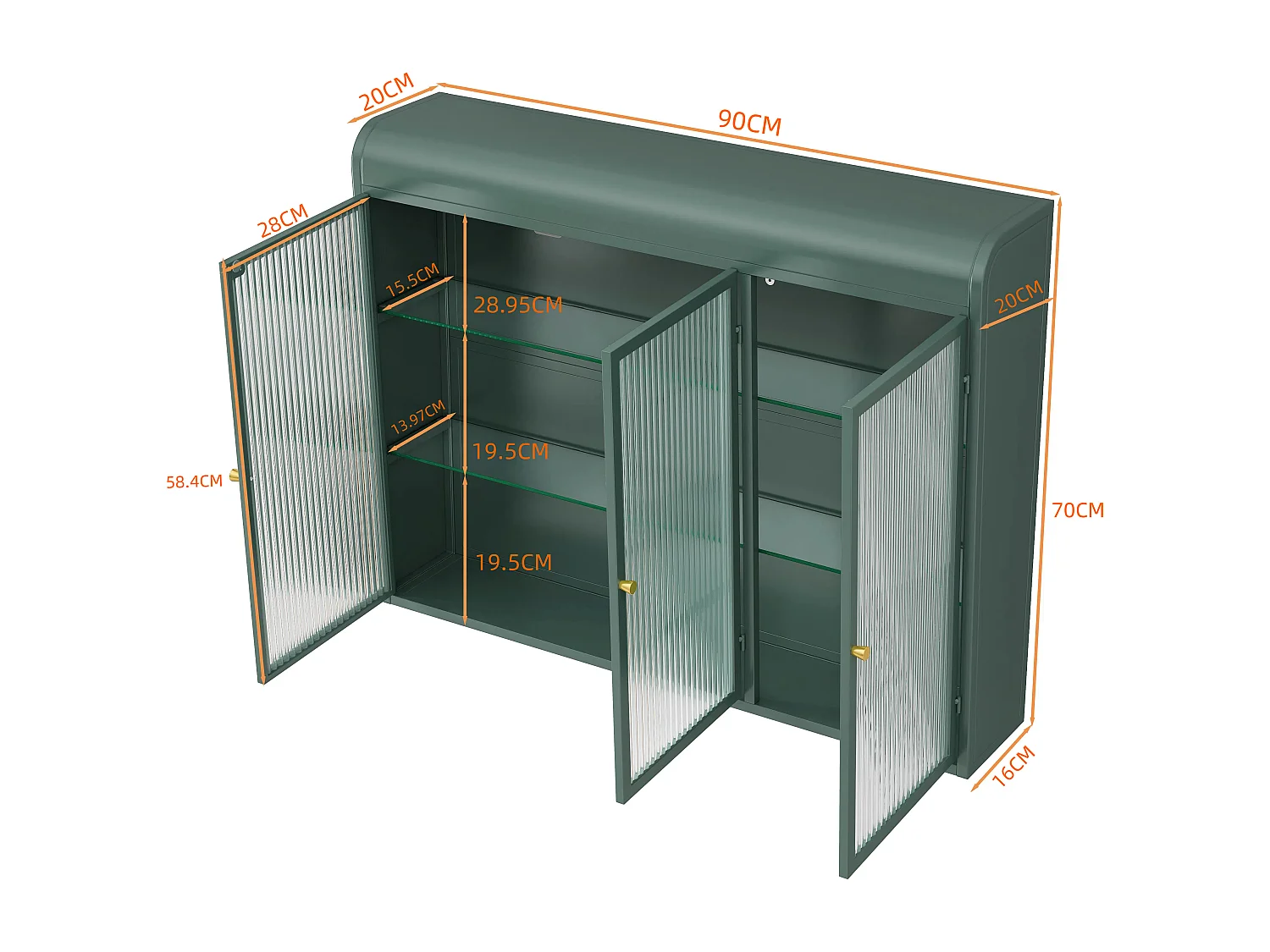 Armoire murale à 3 portes, design arqué, vitrée avec cadre métallique, pour cuisine, salon et salle de bain, vert foncé (90x20x70 cm)