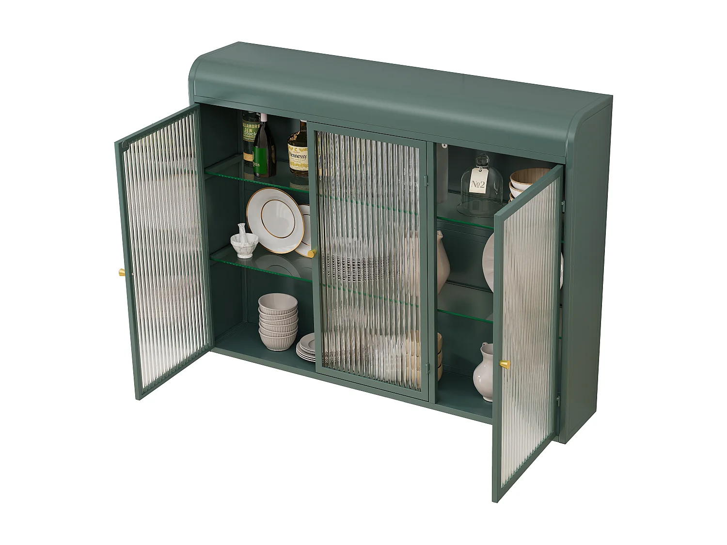 Armoire murale à 3 portes, design arqué, vitrée avec cadre métallique, pour cuisine, salon et salle de bain, vert foncé (90x20x70 cm)