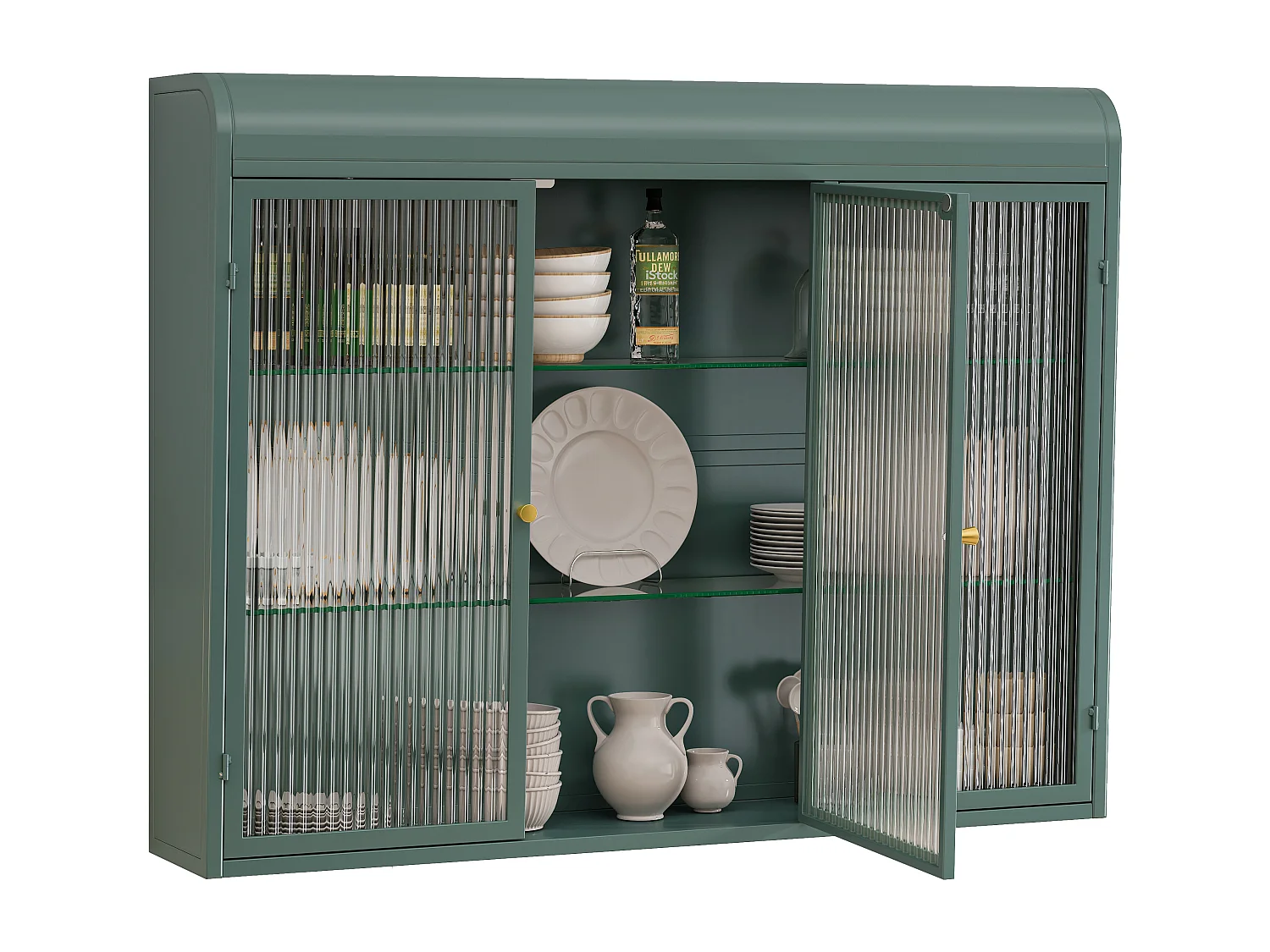 Armoire murale à 3 portes, design arqué, vitrée avec cadre métallique, pour cuisine, salon et salle de bain, vert foncé (90x20x70 cm)