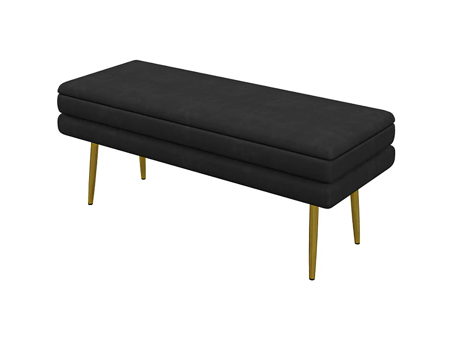 Banc de rangement avec assise rembourrée, velours, pieds en acier, noir, (100x37.5x42 cm)