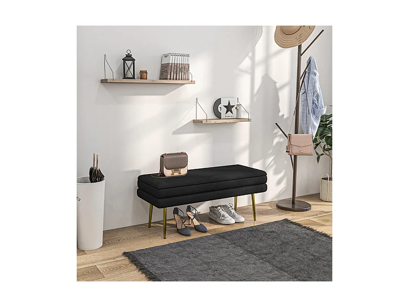 Banc de rangement avec assise rembourrée, velours, pieds en acier, noir, (100x37.5x42 cm)