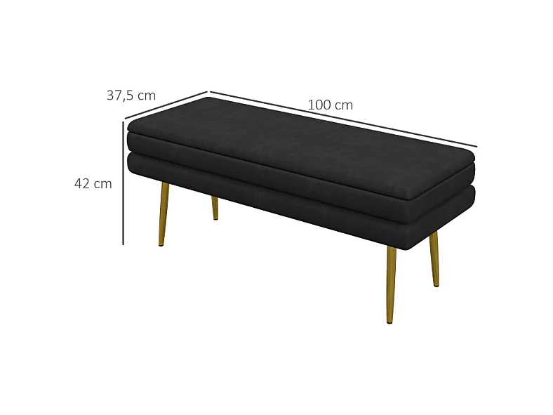 Banc de rangement avec assise rembourrée, velours, pieds en acier, noir, (100x37.5x42 cm)