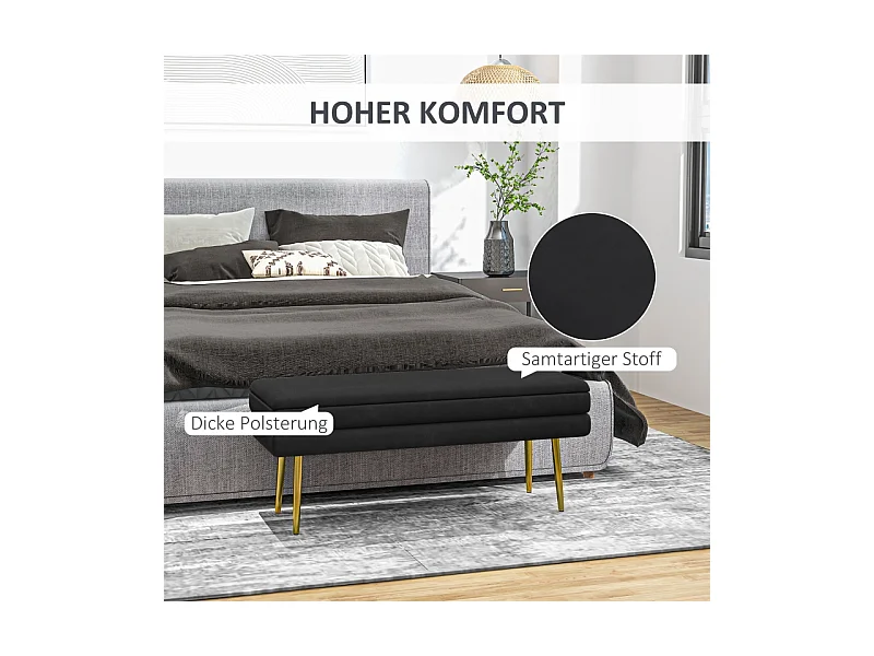 Banc de rangement avec assise rembourrée, velours, pieds en acier, noir, (100x37.5x42 cm)
