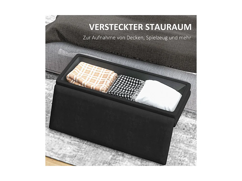 Banc de rangement avec assise rembourrée, velours, pieds en acier, noir, (100x37.5x42 cm)