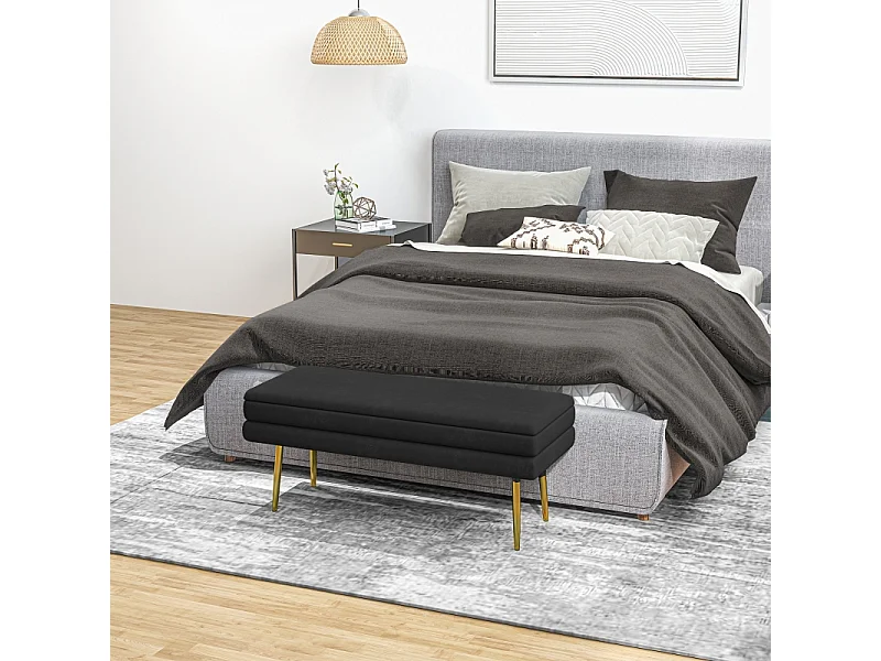 Banc de rangement avec assise rembourrée, velours, pieds en acier, noir, (100x37.5x42 cm)