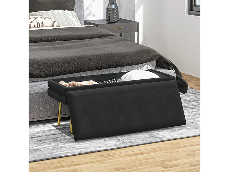Banc de rangement avec assise rembourrée, velours, pieds en acier, noir, (100x37.5x42 cm)