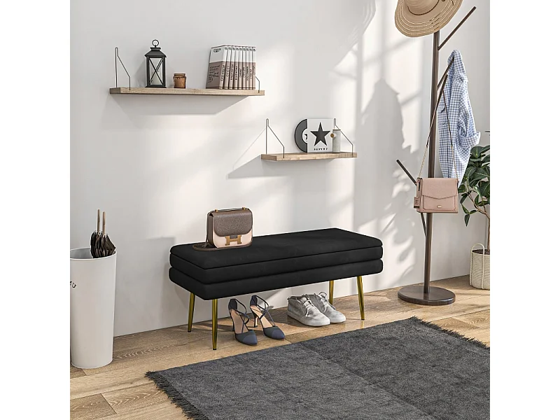 Banc de rangement avec assise rembourrée, velours, pieds en acier, noir, (100x37.5x42 cm)