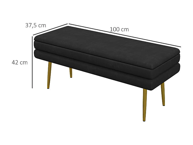 Banc de rangement avec assise rembourrée, velours, pieds en acier, noir, (100x37.5x42 cm)