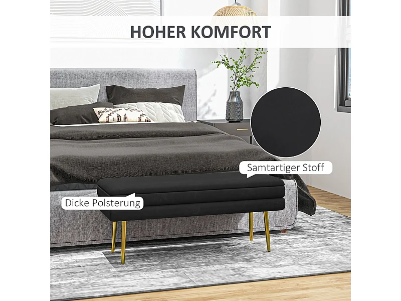 Banc de rangement avec assise rembourrée, velours, pieds en acier, noir, (100x37.5x42 cm)