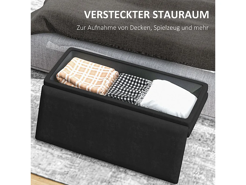 Banc de rangement avec assise rembourrée, velours, pieds en acier, noir, (100x37.5x42 cm)