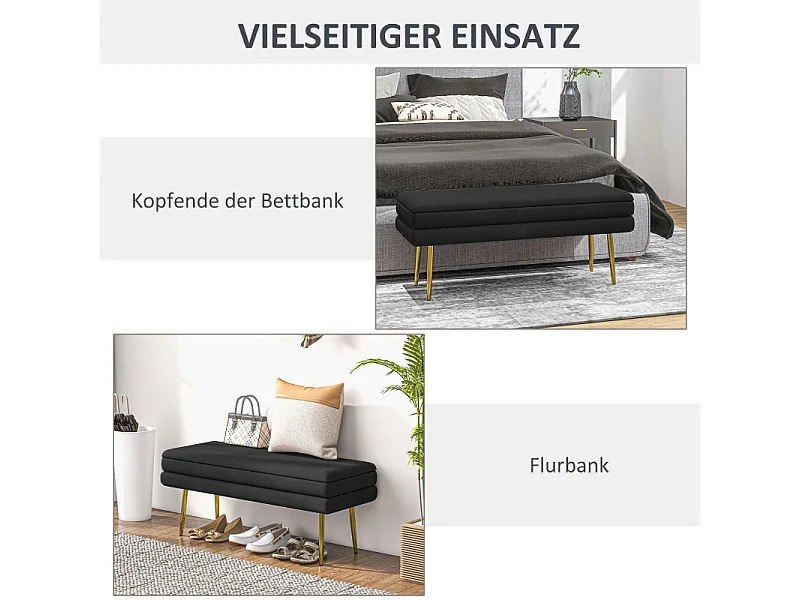 Banc de rangement avec assise rembourrée, velours, pieds en acier, noir, (100x37.5x42 cm)