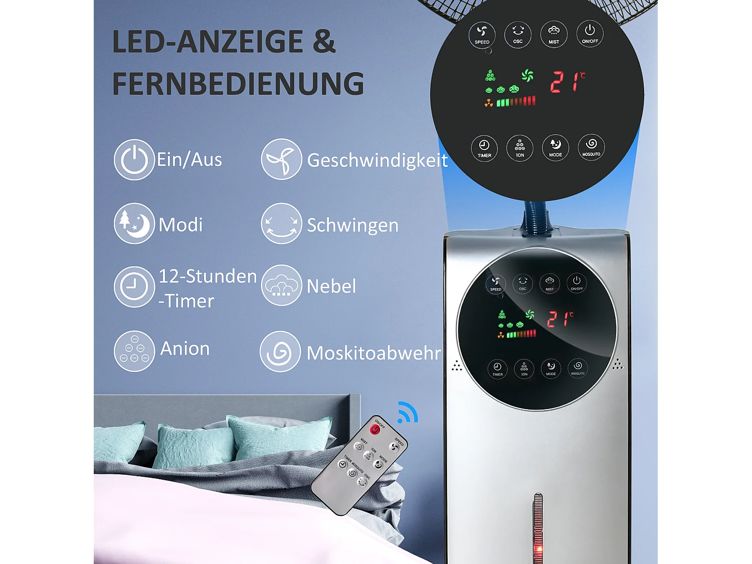 Ventilateur met functie brumisateur 90W, 3 modi, 31L reservoir, roulettes, telecommande, oscillerend, zwart (44,5x38,5x135cm)