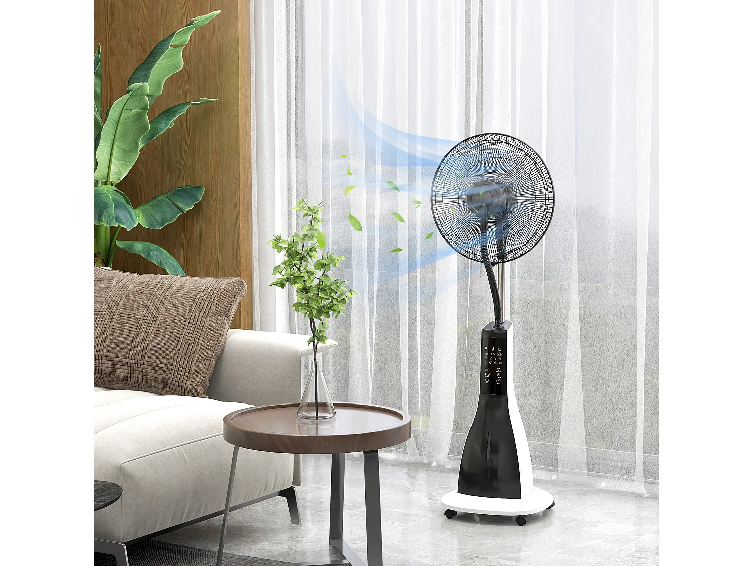 Ventilateur sur pied avec fonction de brume d'eau, 90W, 3L, 3 vitesses, oscillant, avec télécommande, noir (44.5x38.5x120cm)