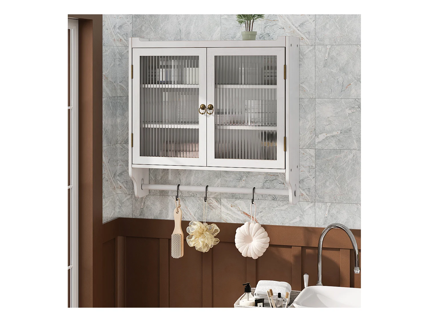 Wandmeubel met glazen deuren, 3 legplanken, handdoekrek, MDF en glas, verouderd wit (63x18x60 cm)