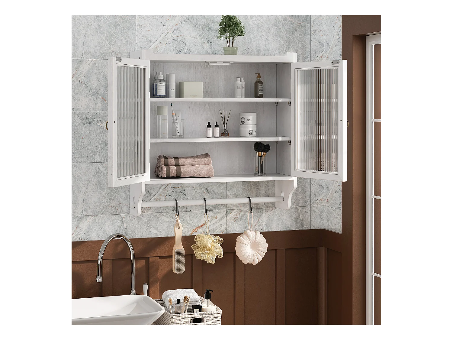 Wandmeubel met glazen deuren, 3 legplanken, handdoekrek, MDF en glas, verouderd wit (63x18x60 cm)