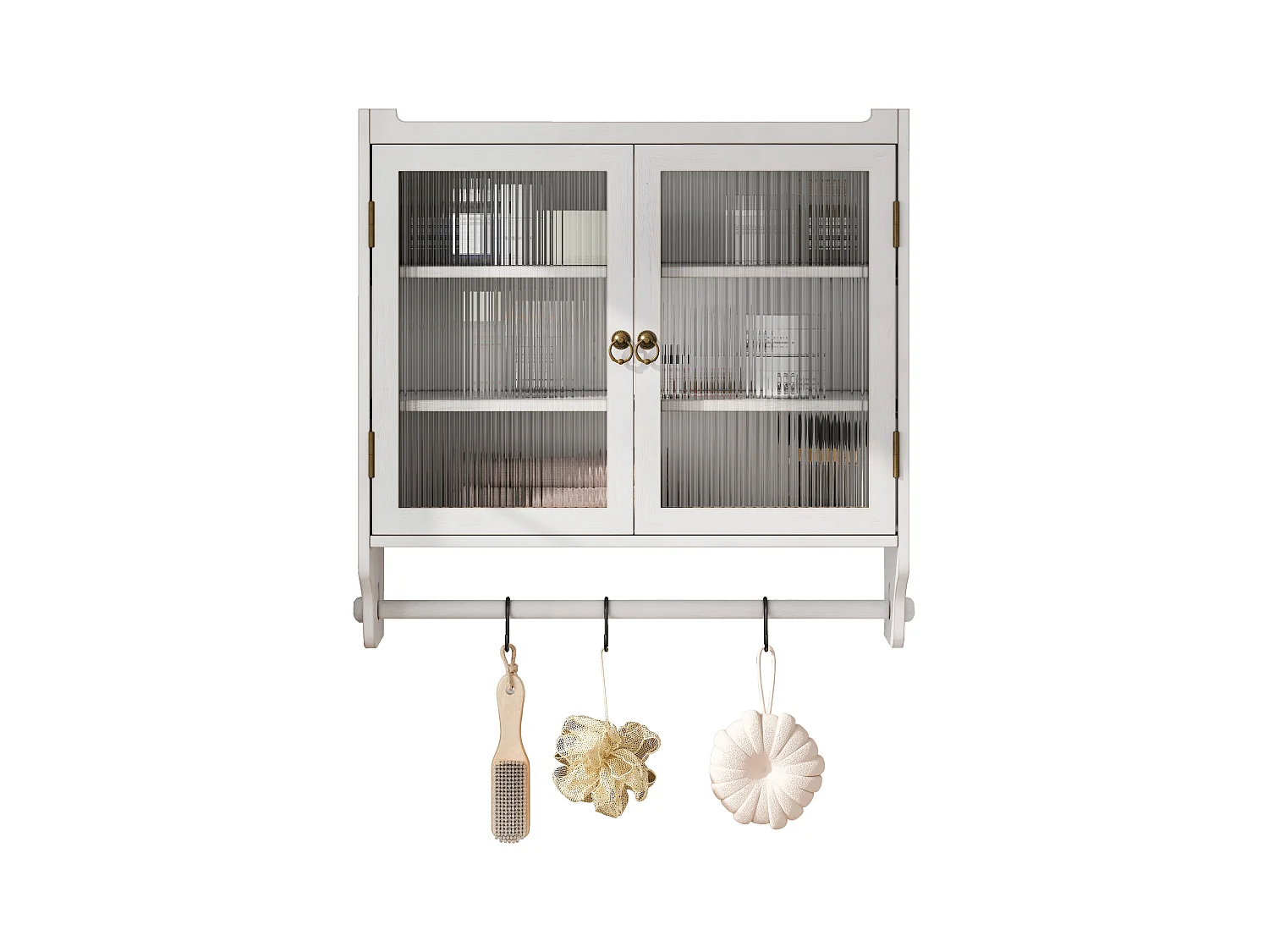 Wandmeubel met glazen deuren, 3 legplanken, handdoekrek, MDF en glas, verouderd wit (63x18x60 cm)