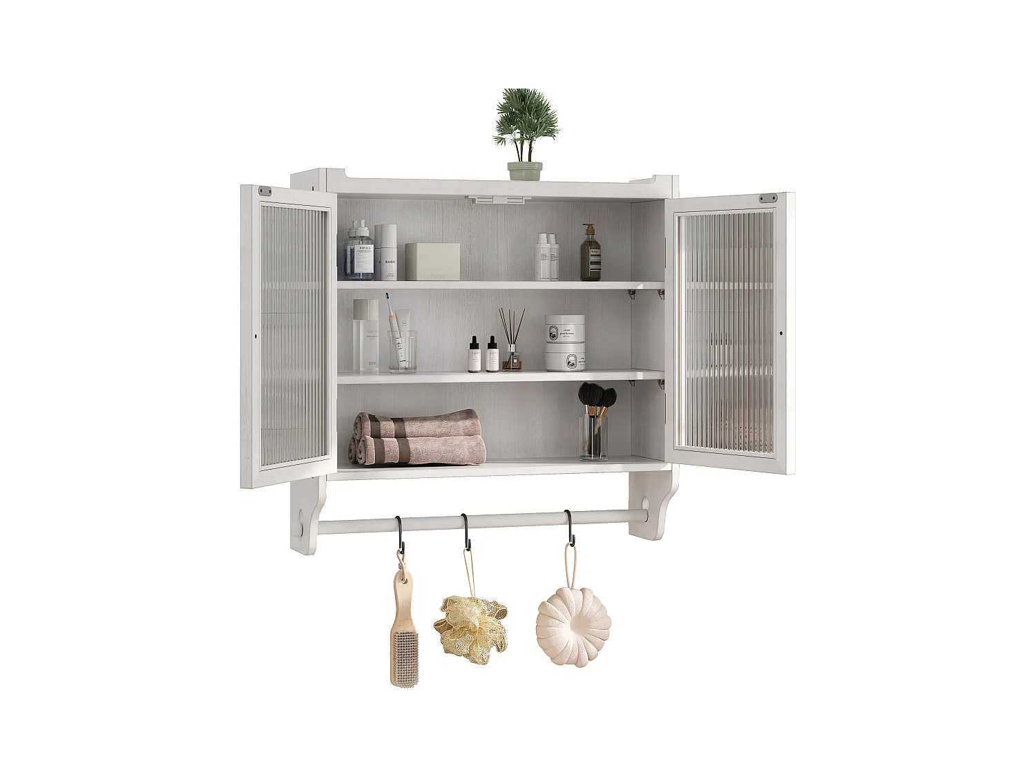 Wandmeubel met glazen deuren, 3 legplanken, handdoekrek, MDF en glas, verouderd wit (63x18x60 cm)