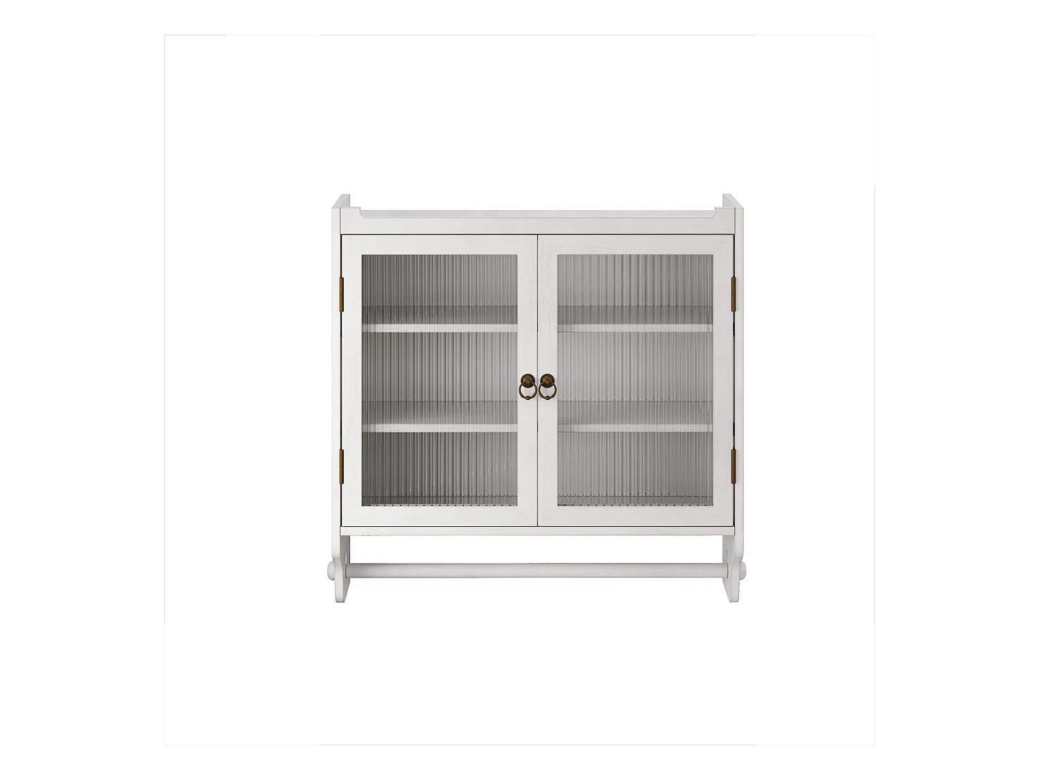 Wandmeubel met glazen deuren, 3 legplanken, handdoekrek, MDF en glas, verouderd wit (63x18x60 cm)