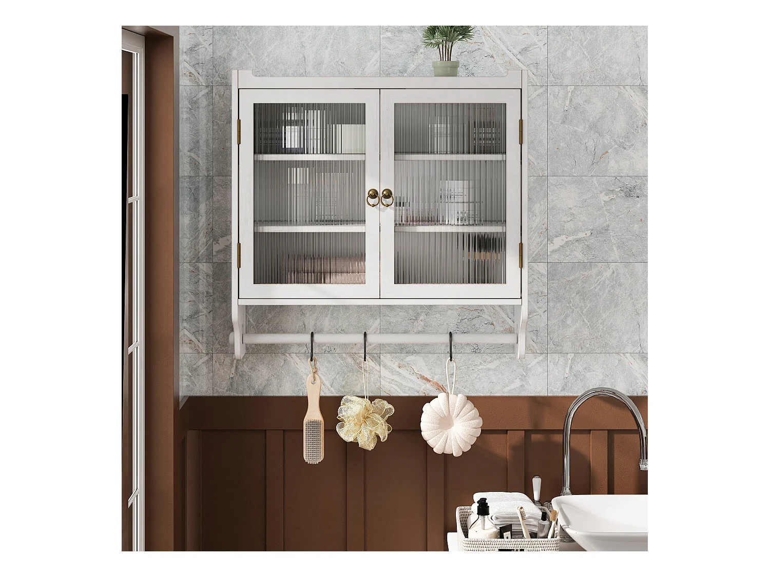 Meuble mural à portes vitrées, 3 étagères, porte-serviette, MDF et verre, blanc vieilli (63x18x60 cm)