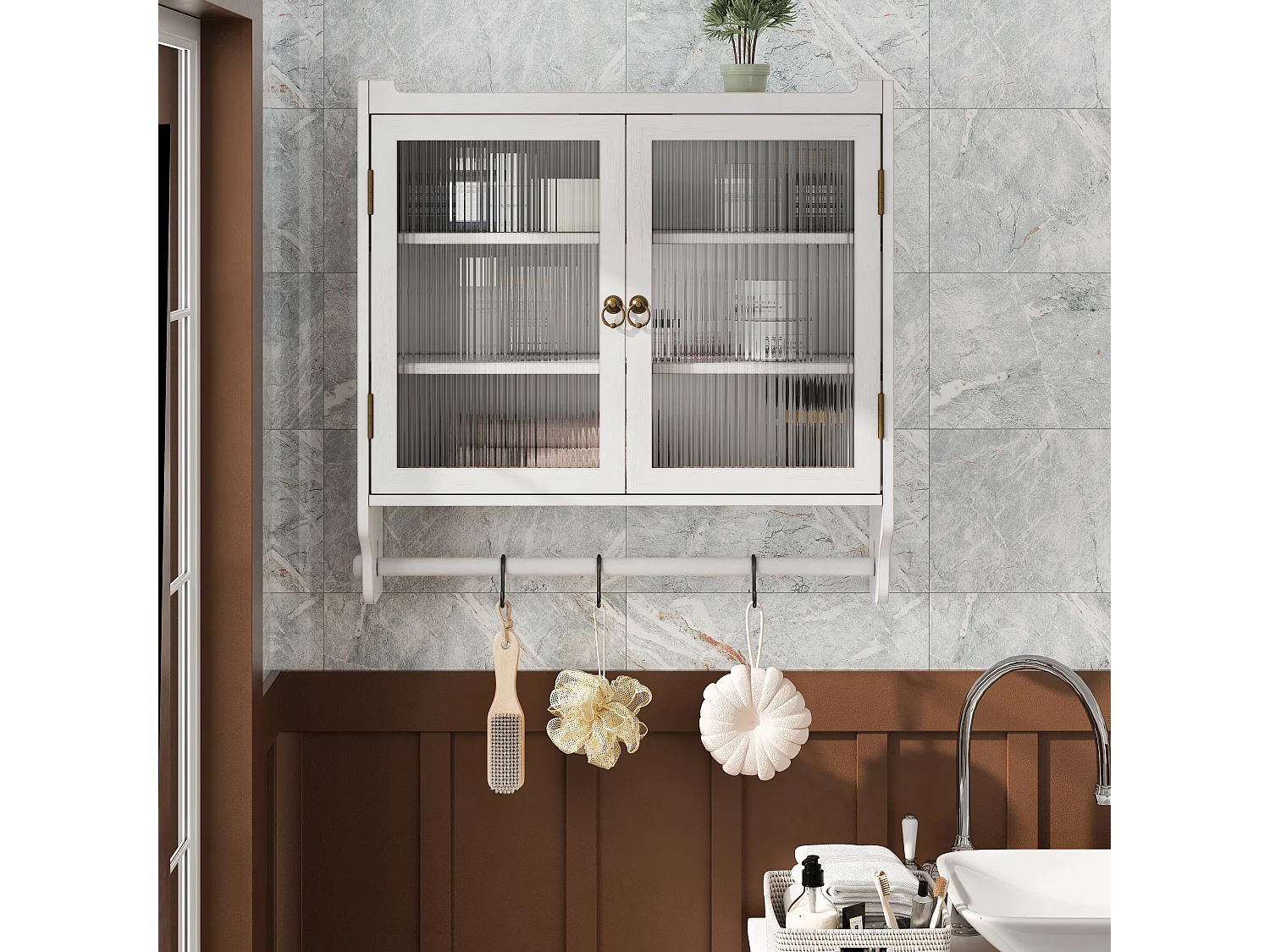 Meuble mural à portes vitrées, 3 étagères, porte-serviette, MDF et verre, blanc vieilli (63x18x60 cm)