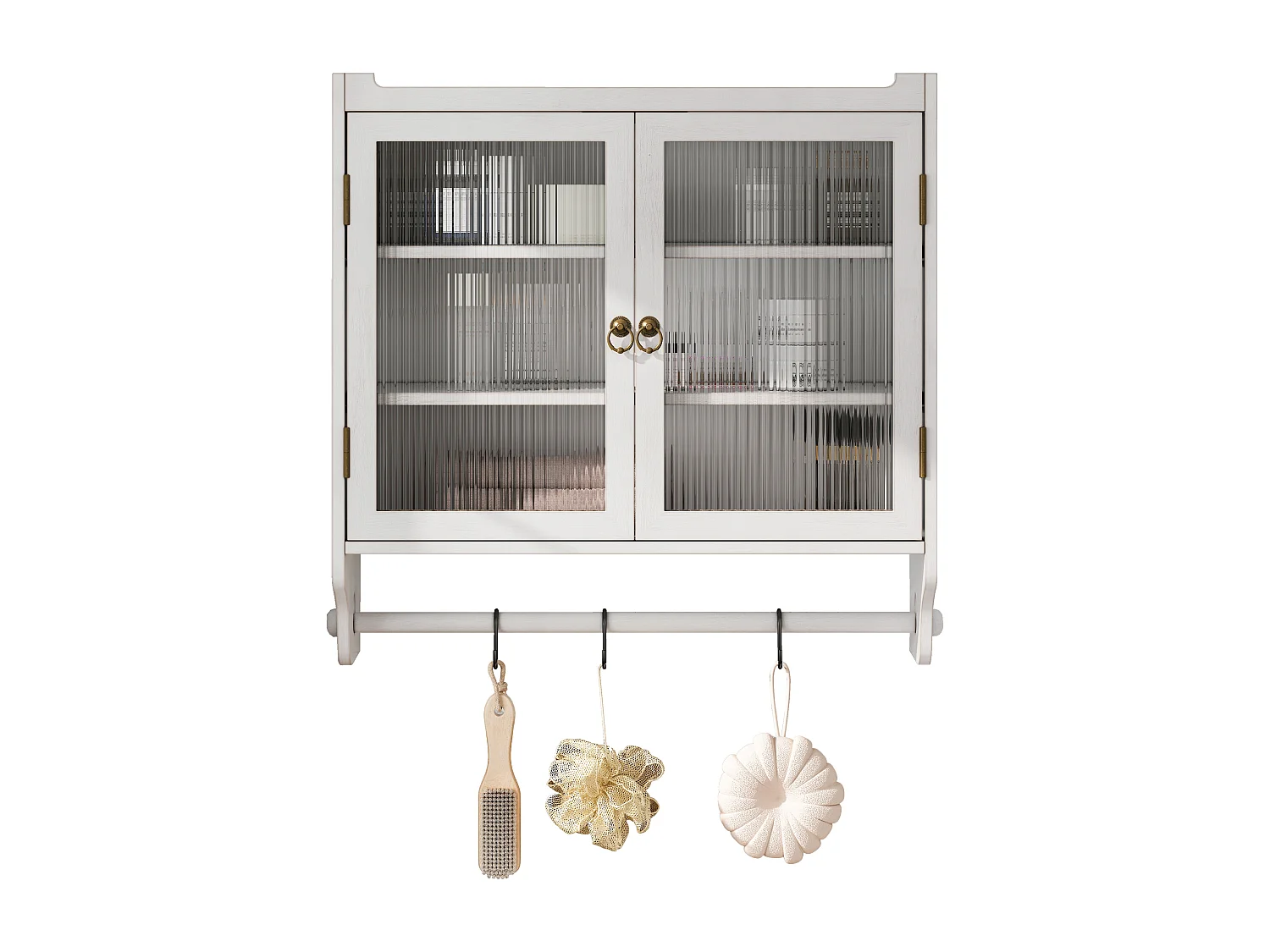 Meuble mural à portes vitrées, 3 étagères, porte-serviette, MDF et verre, blanc vieilli (63x18x60 cm)