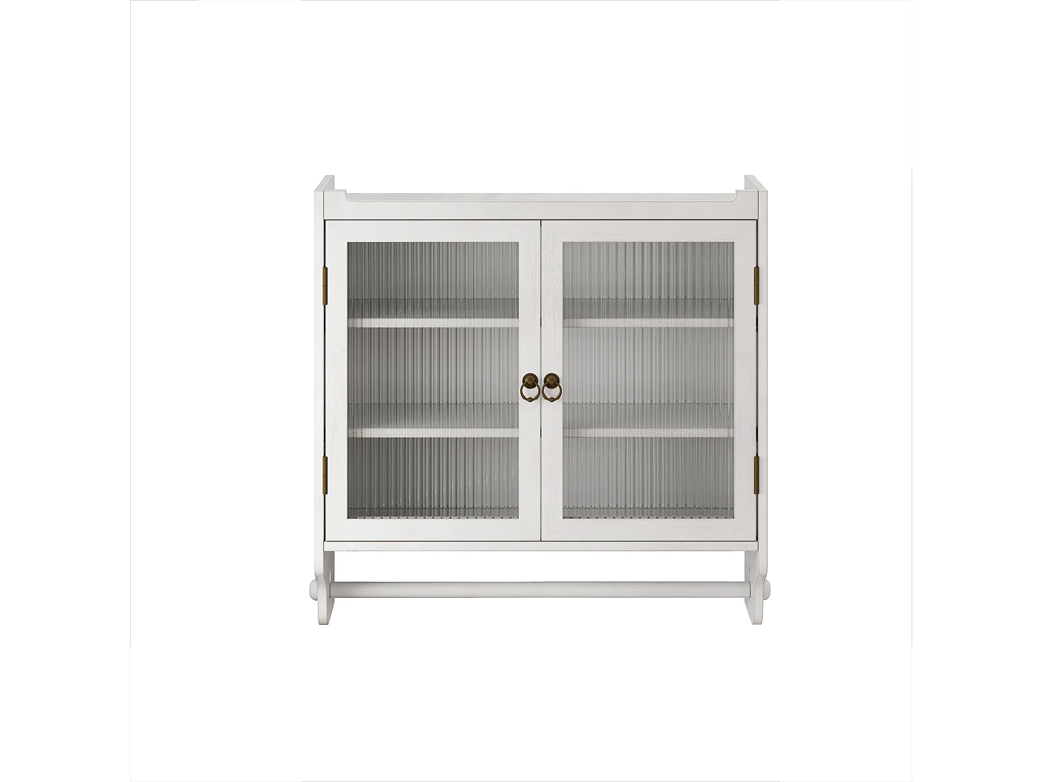 Meuble mural à portes vitrées, 3 étagères, porte-serviette, MDF et verre, blanc vieilli (63x18x60 cm)